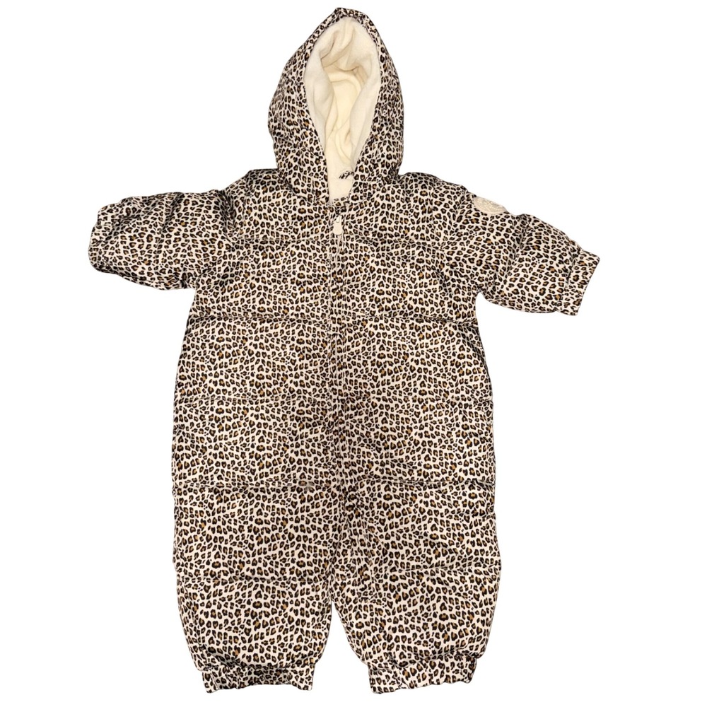 Baby Gap Snowsuit Leopard Print Down Fill Puffer Winter One Piece 0-6M Tan Brown